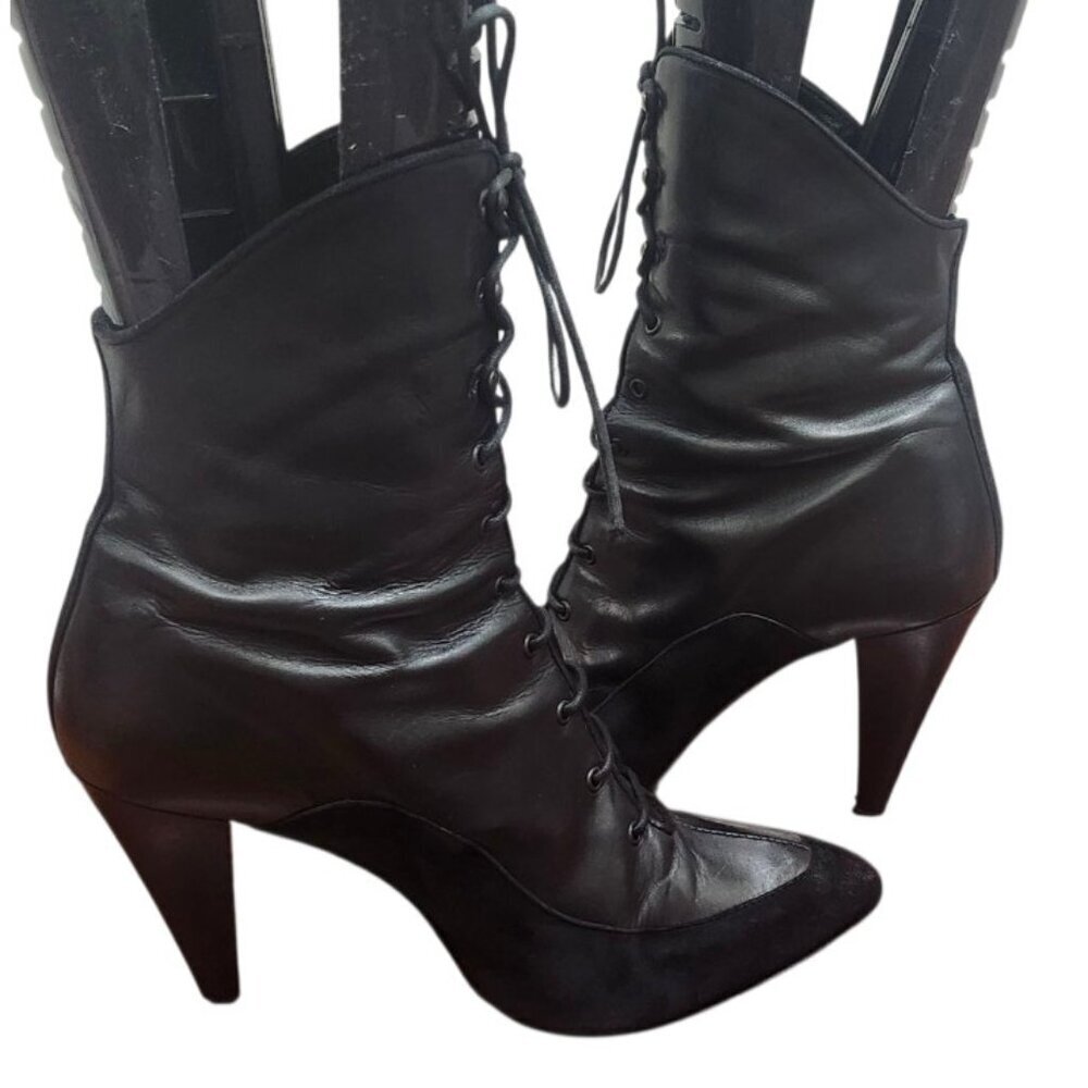 Proenza Schoulee Women’s Black Lace-Up Leather Suede Heeled Boots Pointed Toe 9 - Picture 11 of 16